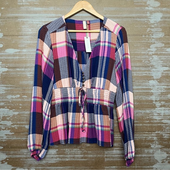 Anthropologie Pilcro NWT Plaid Deep V Blouse Preppy Boho Western Womens S - Picture 3 of 8